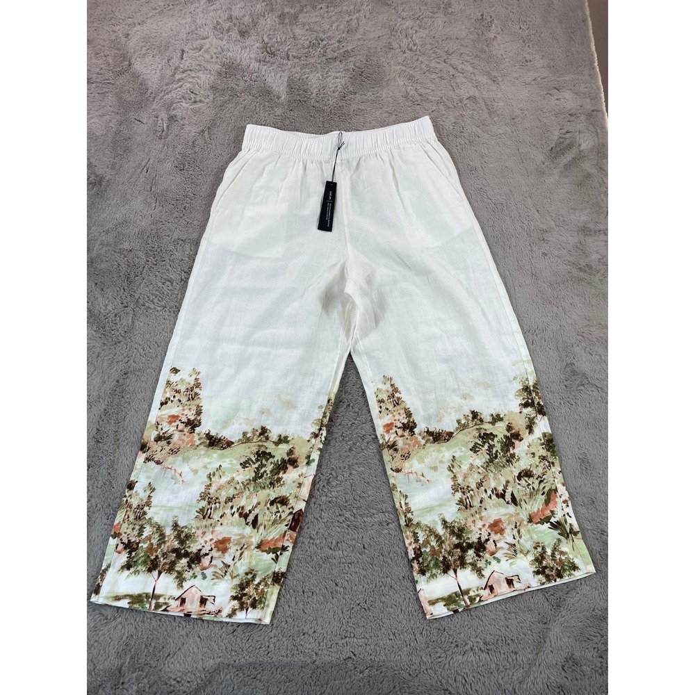 NWT Tahari Luxe Linen Pants Women's Large Landscape Print Wide Leg Elastic Waist